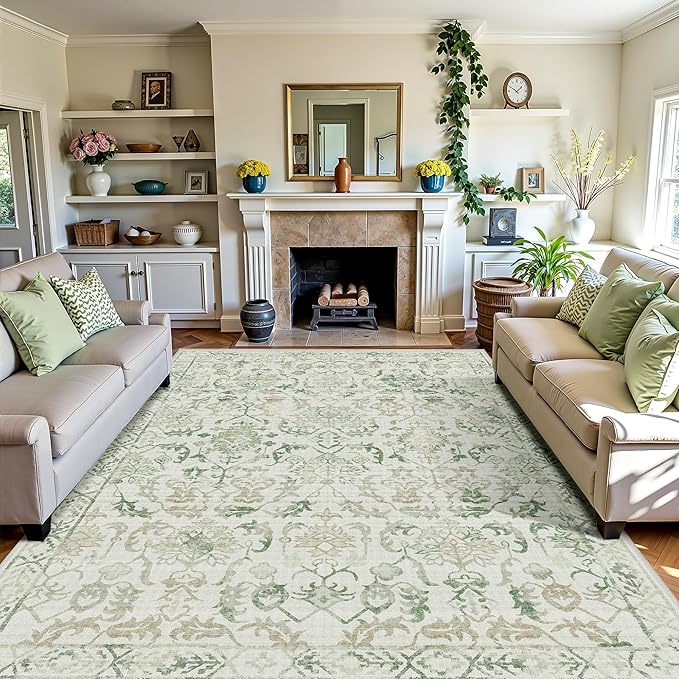 Deerly Green Area Rugs 9x12 for Living Room Soft Non-Slip, Large Bedroom Rug Vintage Dining Room Rug Tribal Farmhouse Carpet for Dining Room Office Green