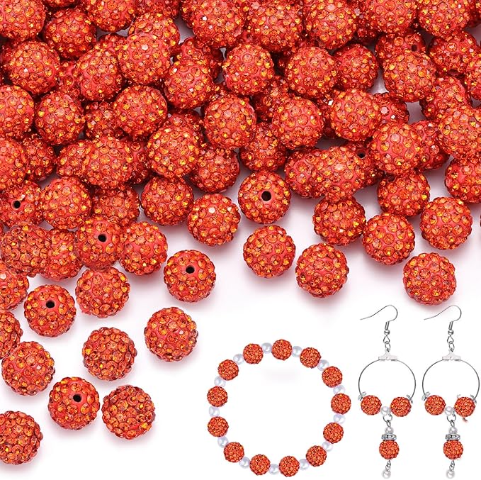 100 pcs 10mm Rhinestone Beads for Jewelry Making, Orange Shiny Round Shamballa Disco Beads Bulk, Sparkle Crystal Clay Christmas for Bracelet Baseball Necklace Earring Crafting and DIY