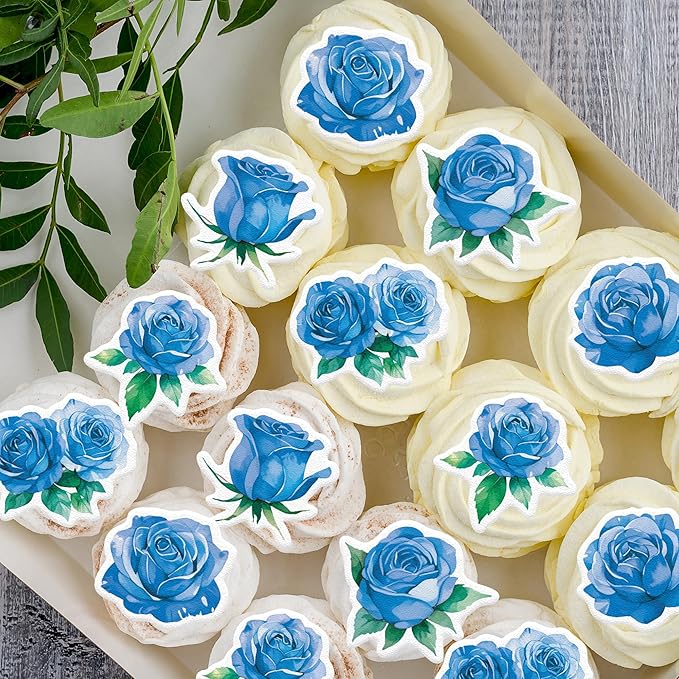 48PCS Edible Rose Flower Cupcake Toppers Wafer Paper Roses Decorations Flower Birthday Party Decorations Rose Cake Toppers for Wedding Engagement Birthday Party Cake Decor Supplies (Blue)