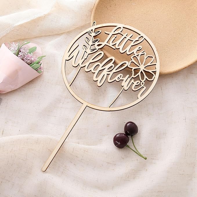 Little Wildflower Wood Cake Topper - Floral Wooden Cake Topper Decor, Baby Shower Gender Reveal Cake Sign Decorations, Photo Props