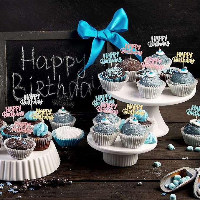 Gyufise 24Pcs Happy Birthday Cupcake Toppers Glitter Birthday Cupcake Food Picks for Celebrating Happy Birthday Party Cake Decorations Supplies Six Colors
