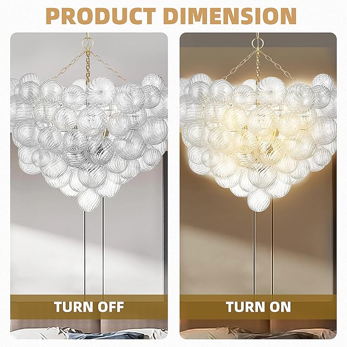 Nordic Bubble Ball Swirled Glass Chandelier, Dia 36 inch Gild Gold and Clear Blown Glass Large Pendant Light Fixture for Bedroom Study Restaurant Entry Room