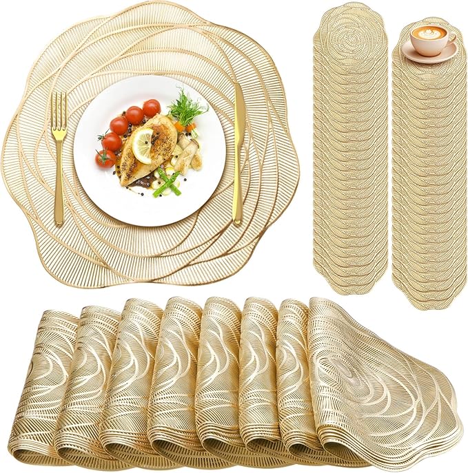 Sieral 48 Set 15 Inch Round Pressed Vinyl Placemats Hollow Out Rose Placemat Set Metallic Slip Resistant Place Mat Coaster Including Place Mats and Coasters for Wedding Dining Kitchen (Gold)