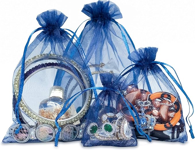 TheDisplayGuys 100-Pack 3x4 Navy Blue Sheer Organza Gift Bags with Drawstring, Jewelry Candy Treat Wedding Party Favors Mesh Pouch