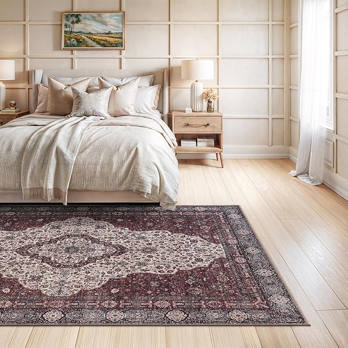 Bloom Rugs Washable Non-Slip 6' x 9' Rug - Red/Green/Cream Traditional Medallion Area Rug for Living Room, Bedroom, Dining Room, and Kitchen - Exact Size: 6' x 9'