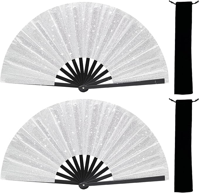 Glitter bling Large Folding Fan-Hand Fan Rave Clack Popping Fan for Line Dancing Clacking Fans for Boots On The Ground Dance, Party for EDM, Music Festival, Hot Flashes, Party, Decoration(2pcs silver)
