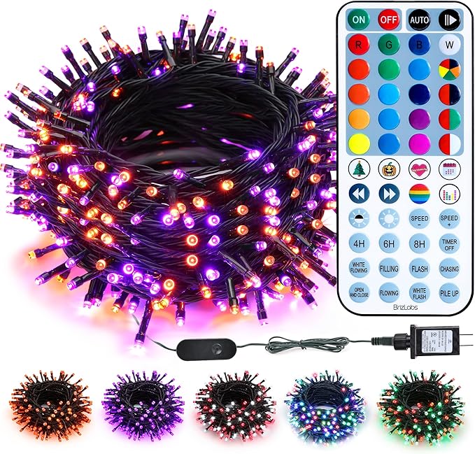 BrizLabs RGB Christmas Lights, 33ft 100 LED Color Changing Orange Purple Halloween String Lights with Remote, Dimmable Mini Light String for Indoor Outdoor Halloween Xmas Mardi Gras Year-Round Decor