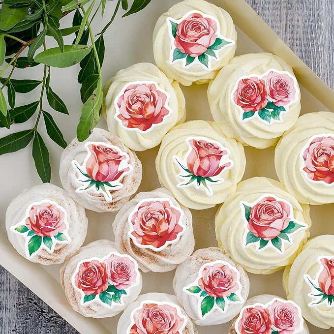 48PCS Edible Rose Flower Cupcake Toppers Wafer Paper Roses Decorations Flower Birthday Party Decorations Rose Cake Toppers for Wedding Engagement Birthday Party Cake Decor Supplies (Pink)