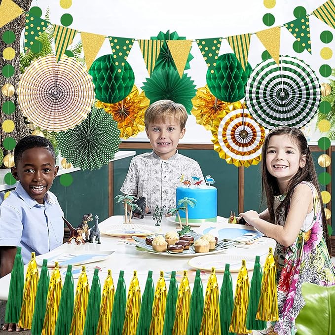 Paper Fans Party Decorations Glitter Paper Triangle Flag Pennant Banner Tassel Garland Circle Banners Party Supplies for Bachelorette, Birthday, Engagement Wedding, Baby Bridal Shower Green Gold