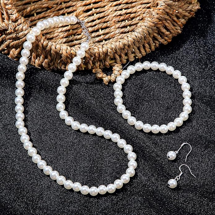 4 Pcs 1920s Faux Pearl Costume Jewelry Set for Women Halloween Simulated Necklace Bracelet Earrings for Wedding