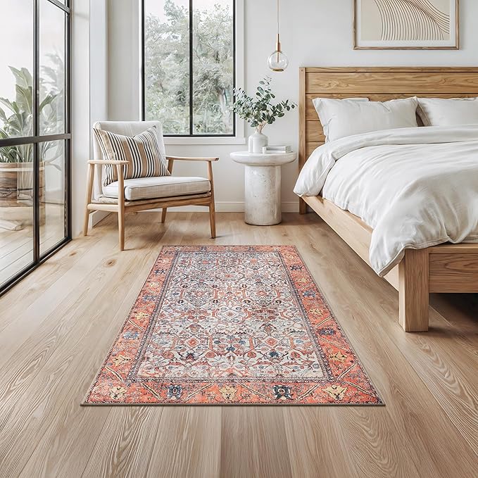Bloom Rugs Washable Non-Slip 3' x 5' Rug - Orange Traditional Bordered Area Rug for Living Room, Bedroom, Dining Room, and Kitchen - Exact Size: 3' x 5'