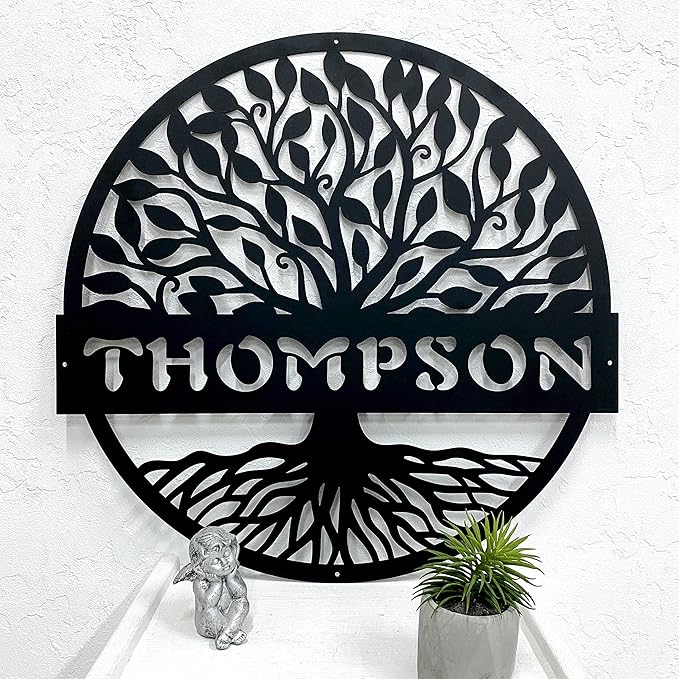 RealSteel Personalized Metal Wall Art - Custom Tree of Life Design with Family Name - Circular Metal Sign - Personalized Wedding, Anniversary, or Housewarming Gift