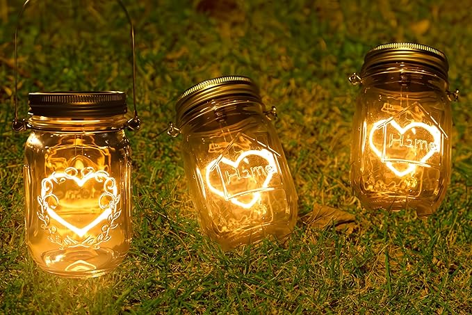 Hanging Solar Mason Jar Lights, 4 Pack Heart Shape Led Lights, Solar Lanterns Outdoor Waterproof Lights, Hangers and Jars Included, Gift for Mothers Day,Home Party Wedding Lover Garden Patio Decor (4)