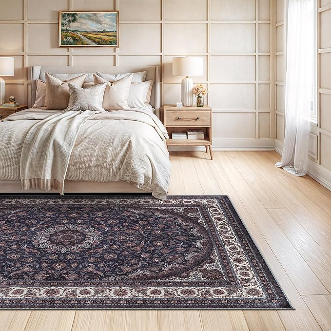 Bloom Rugs Washable Non-Slip 6' x 9' Rug - Navy Traditional Medallion Area Rug for Living Room, Bedroom, Dining Room, and Kitchen - Exact Size: 6' x 9'