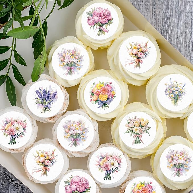 36PCS Edible Flower Bouquet Cupcake Toppers Wafer Paper Roses Daisy Lavender Flower Bouquet Decorations Flower Theme Party Birthday Baby Shower Party Supplie