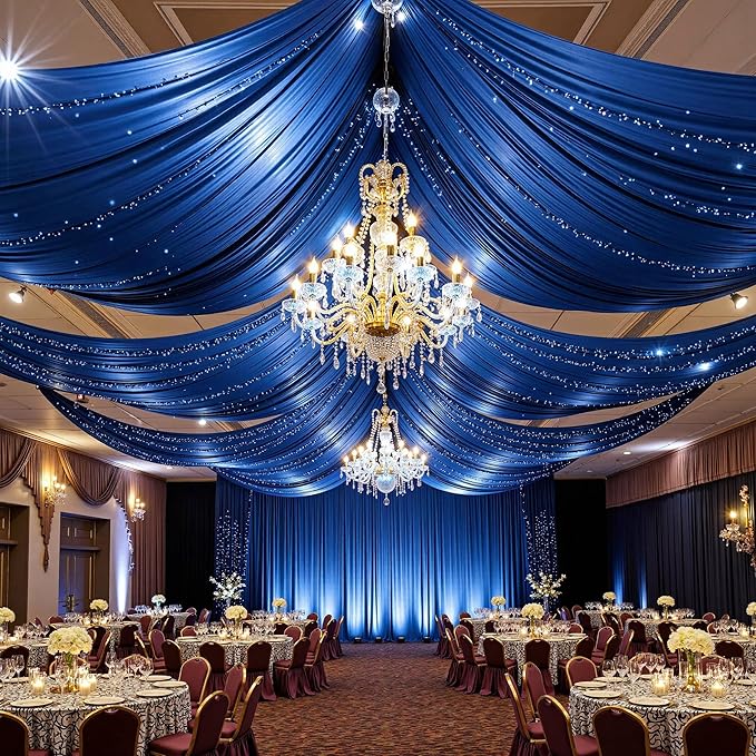PartyVillage 2 Panels 5ftx30ft Royal Blue Ceiling Drapes for Wedding Parties – 30 FT Extra Long Thick Polyester Wrinkle-Free Drapery Tent Decor Decorations for Birthday Party Ceremony Stage Swag
