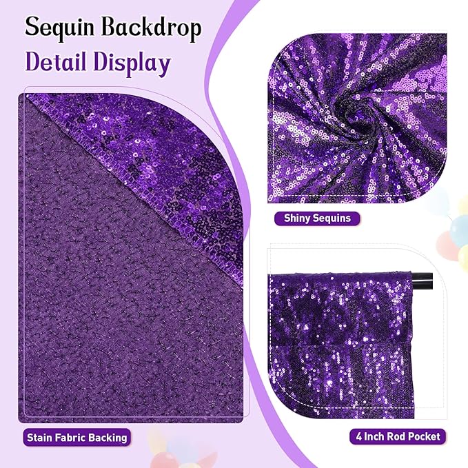 SquarePie Sequin Backdrop Curtain Not See Through Thick Glitter Background for Party 8FT x 8FT Purple