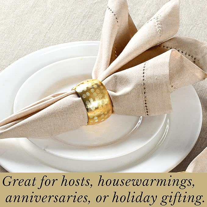 Napkin Rings Set of 12, Metal Napkin Holder Cuffs for Dinner Table Décor, Round Textured Farmhouse Modern Serviette Rings for Christmas, Weddings, Receptions, Daily Use, Gold - ALPHA Living HOME