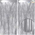 2 Pack Metallic Silver Fringe Backdrop, 3.2x8.2ft Shining Foil Tinsel Curtains, Birthday Party Decorations Door Streamers for Halloween, Christmas, Wedding, Graduation, Holiday, Theme Events
