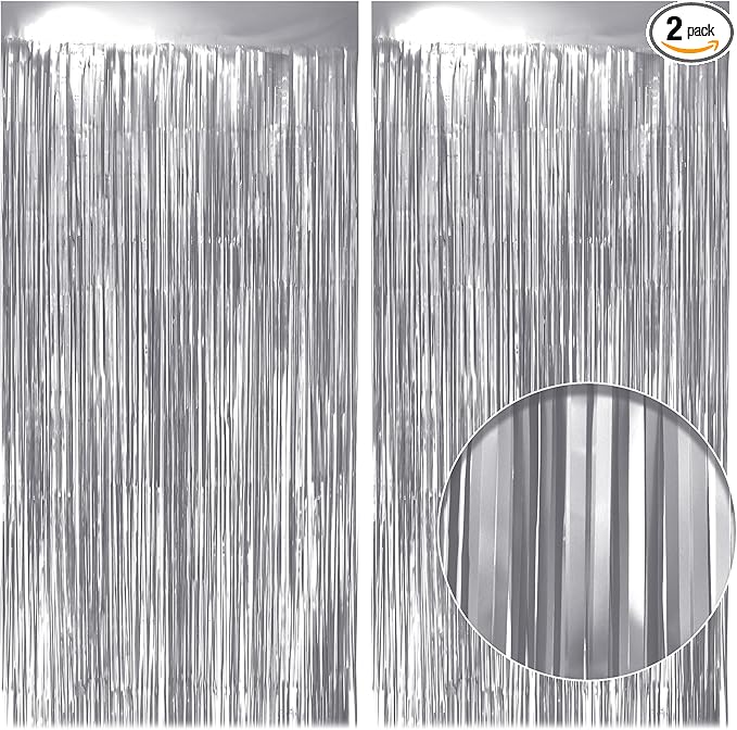 2 Pack Metallic Silver Fringe Backdrop, 3.2x8.2ft Shining Foil Tinsel Curtains, Birthday Party Decorations Door Streamers for Halloween, Christmas, Wedding, Graduation, Holiday, Theme Events