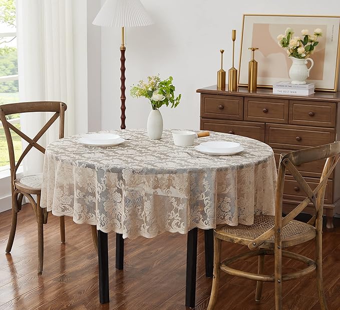LinenZone Small Linen Round Tablecloth for Rustic Vintage Decor. Sheer Lace Table Cloth Works Great As Wedding Tablecloth or Thanksgiving Table Cover. (Mia 36 Round, Linen)