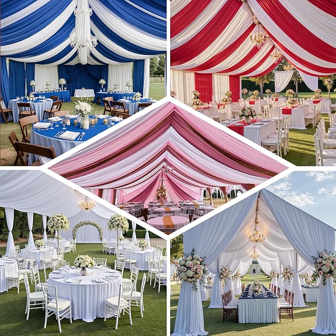PartyVillage 50ftx40ft White Ceiling Curtain for Wedding Parties – 10 Panels Wrinkle-Free 40 FT Long Tent Draping Curtains for Wedding, Birthday & Theme Parties, 40ft Height with Rod Pocket