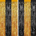 2 Pack Black Gold Metallic Tinsel Foil Fringe Curtains, Door Streamers Photo Booth Backdrop for Birthday Party, Tinsel Curtain Backdrop for Baby Shower Bachelorette Christmas Party Decorations