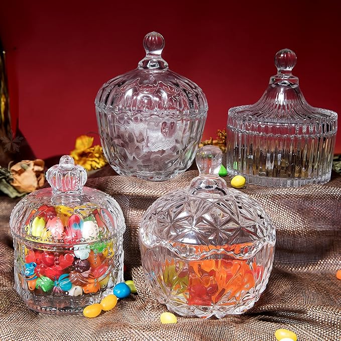 INFTYLE Glass Candy Dish with Lid Set of 4 Crystal Glass Candy Jar Jewelry Box Dappen Dish Cookie Jar for decorative storage gift idea (4pcs Clear)…