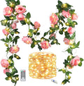 FiveSeasonStuff 29 Ft 4 Pack Amaranth Light Pink Rose Silk Flower Garland Artificial Flowers Decoration Hanging Floral with 66 feet String Lights