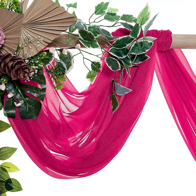 VDS Pack of 2 Panel (30 Inch X 20 Feet) Wedding Arch Draping Fabric Sheer Chiffon Fabric Drapery for Wedding Ceremony Reception Swag Backdrop Canopy Chuppah ARBO Altars Decoration (Hot Pink)