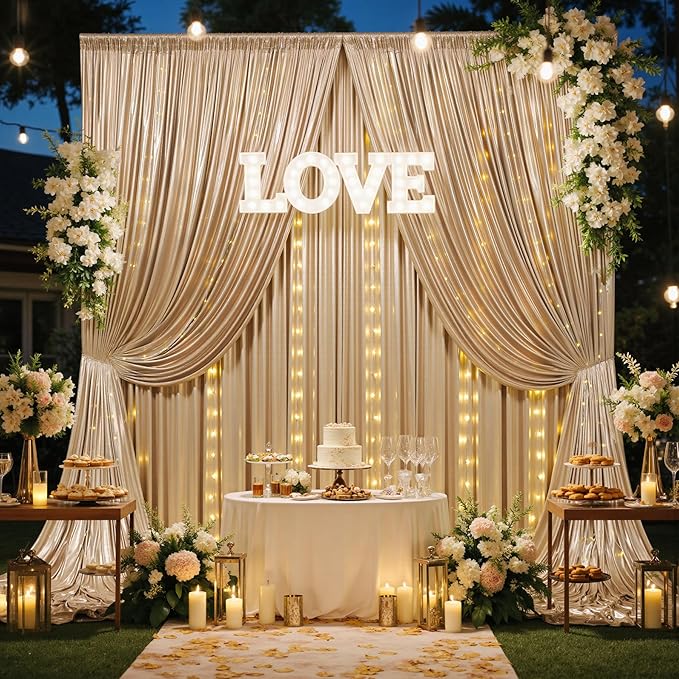 10x10 Champagne Sequin Backdrop Curtain with Lights-Wrinkle Free Thick Glitter Backdrop Drapes for Wedding Parties Events Halloween Decor-2 Panels 5×10ft Shimmer Photo Booth Background for Photography