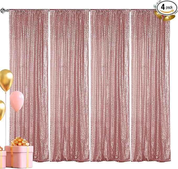 Hahuho Rose Gold Sequin Backdrop Curtain, 4PCS 2FTx8FT Glitter Backdrop Curtain for Parties, Christmas, Wedding, Party Decoration（4 Panels, 2FT x 8FT, Rose Gold