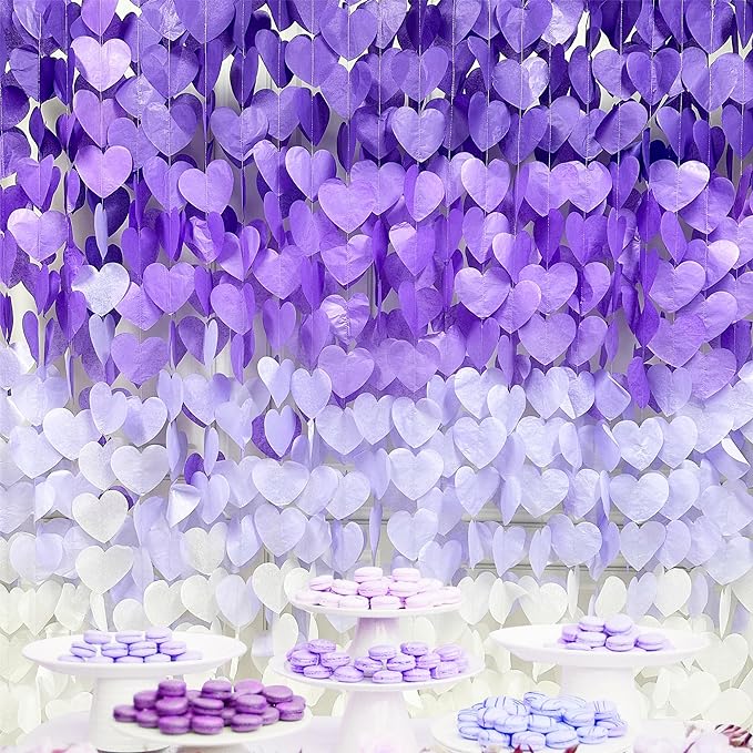 205Ft Lavender Party Decoration Ombre Purple White Heart Backdrop Streamer Tissue Paper Heart Hanging Garland for Birthday Valentines Day Bachelorette Wedding Bridal Shower Lilac Violet Party Supplies