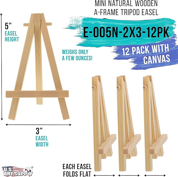 U.S. Art Supply 2" x 3" Stretched Canvas with 5" Mini Easel Kit (12 Pack) - Natural Wooden A-Frame Tabletop Display Stand, Mini Easel Stand - Small Easels for Display, Small Canvases, Crafts, Photos