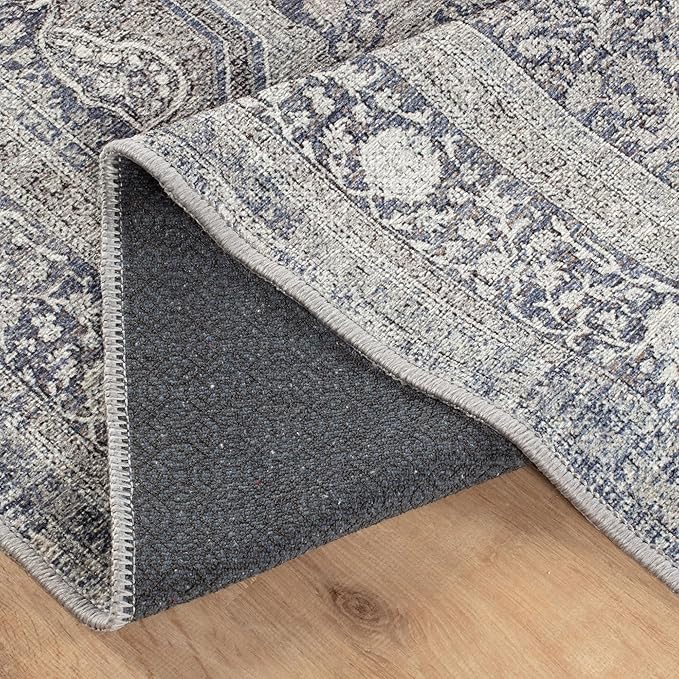 Bloom Rugs Washable Non-Slip 6' x 9' Rug - Blue/Steel Gray/Beige Traditional Medallion Area Rug for Living Room, Bedroom, Dining Room, and Kitchen - Exact Size: 6' x 9'