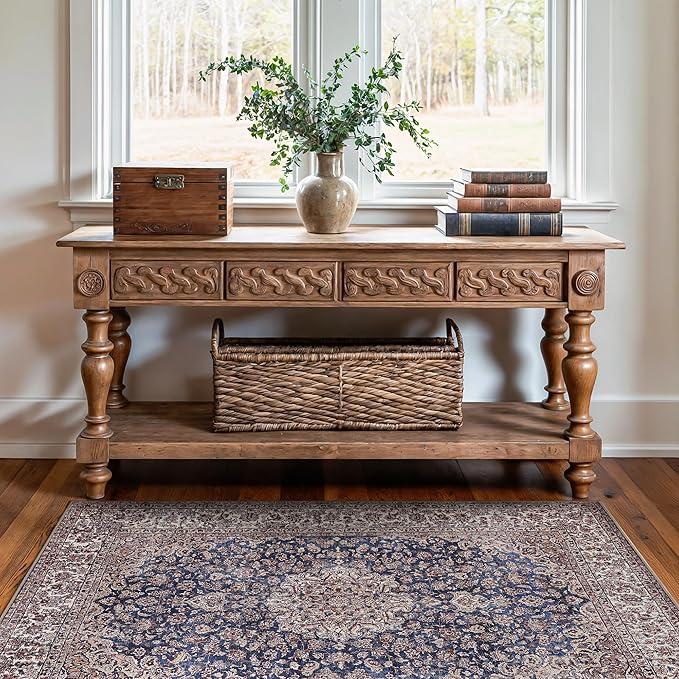 Bloom Rugs Washable Non-Slip 3' x 5' Rug - Dark Blue/Beige Traditional Medallion Area Rug for Living Room, Bedroom, Dining Room, and Kitchen - Exact Size: 3' x 5'