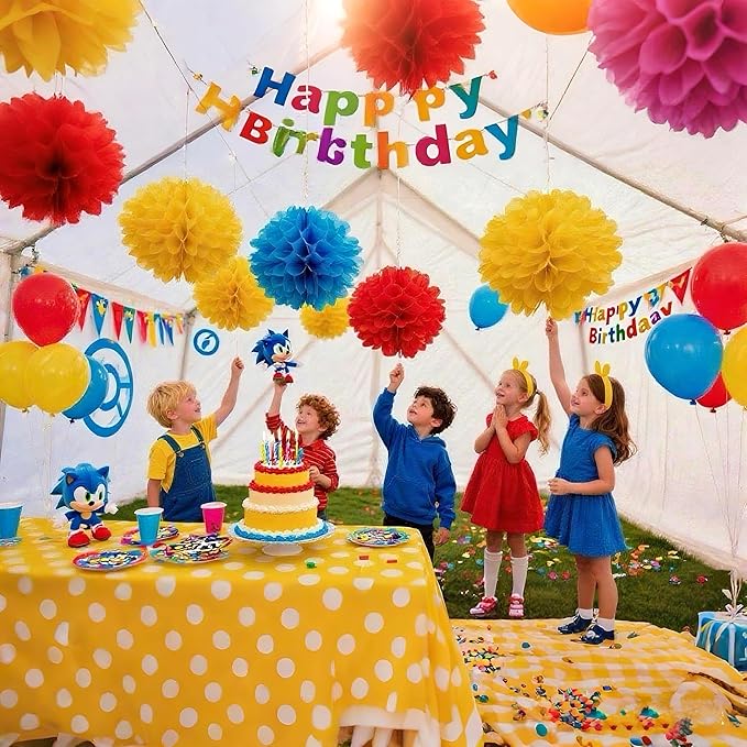 Blue Yellow Red Paper Pom Poms,Party Tissue Paper Flowers Balls,Party Hanging Decoration Supplies, Size of 10inch, 12inch, Pack of 12
