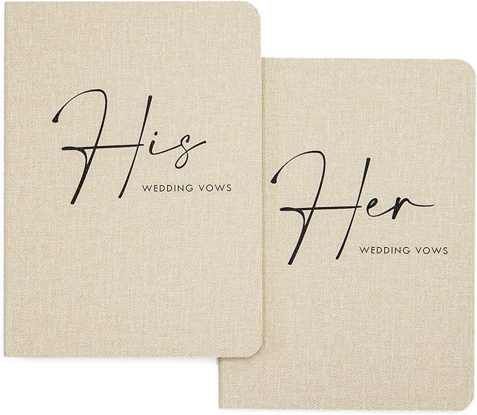 Slim Vow Books (Set of 2 - Design 4) - Soft Cream Canvas Linen Textured Cover Wedding Vow Booklets, Ceremony Speech Promise Notebook Journal, Gift for Newly Engaged Couple, 48 Lined Pages, 5.75" x 4"