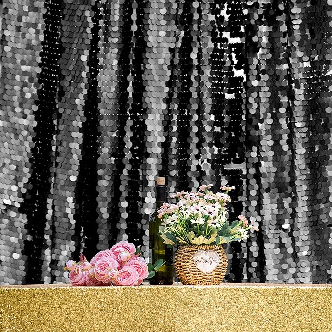 JYFLZQ Black Payette Sequin Backdrop Curtains 8ft x 8ft 1 Panel Thick Shimmer Wall Backdrop Big Sequin Background Drapes Glitter Photo Booth Backdrops for Birthday Parties