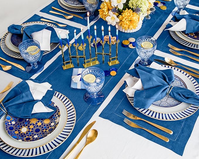 Solino Home Linen Table Runner 108 Inches Long - 100% Pure Linen Indigo Blue Table Runner 14 x 108 Inch for Fall, Autumn, Christmas - Classic Hemstitch