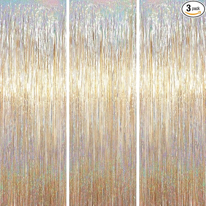 3 Pack 3.3 x 6.6 ft Champagne Foil Fringe Backdrop, Tinsel Streamers Party Decorations, Fringe Backdrop for Birthday, Photo Booth Props for Bachelorette, New Years Eve Party Supplies
