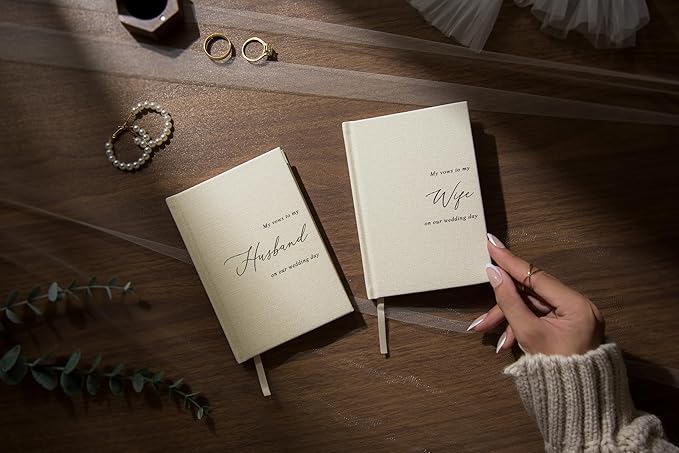 Hard Cover Vow Books (Set of 2) - My Vows to My Husband/Wife Minimalist Pocket Sized Black Embossed Wedding Ceremony Vow Renewal Speech Notebook Planner Journal, Gift for Newly Engaged Couple
