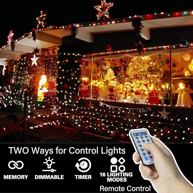 LAMPHOME 66ft Christmas Decorative Mini Lights, 200 LED Transparent Wire Fairy Starry String Lights Plug in, 12 Lighting Modes for Outdoor Xmas Tree Wedding Party Decoration (White and Multicolor)