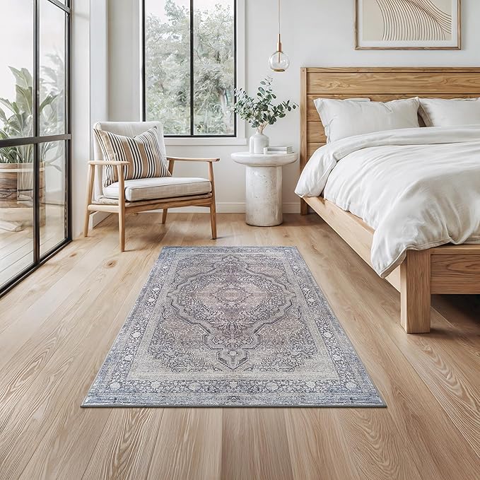 Bloom Rugs Washable Non-Slip 3' x 5' Rug - Blue/Steel Gray/Beige Traditional Medallion Area Rug for Living Room, Bedroom, Dining Room, and Kitchen - Exact Size: 3' x 5'
