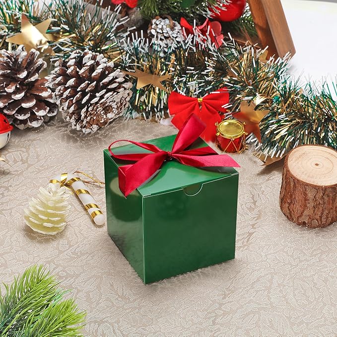 DOYIDE 60 Pcs Small Gift Boxes, 3x3x3 inches Kraft Paper Gift Box with Ribbons, Green Candy Boxes for Christmas Wedding Favors Baby Shower Bridal Shower Birthday Party