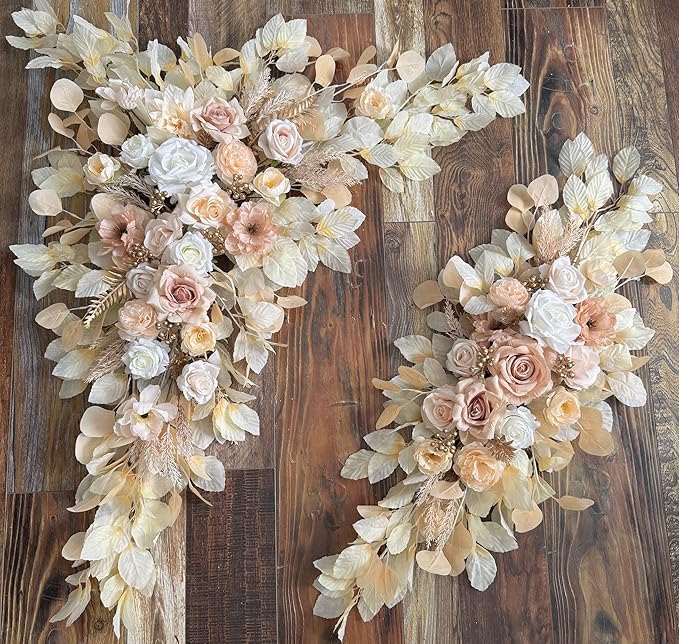 Wedding Arch Flowers with Drapes Kit (Pack of 4) - 2pcs Artificial Beige Deluxe Swag with 2pcs Sheer Drapes for Wedding Ceremony Arbor Reception Backdrop Rose Floral Decoration