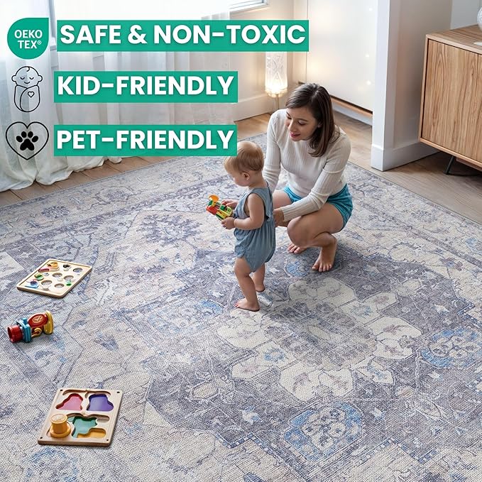 Bloom Rugs Washable Non-Slip 6' x 9' Rug - Blue/Sand Traditional Medallion Area Rug for Living Room, Bedroom, Dining Room, and Kitchen - Exact Size: 6' x 9'