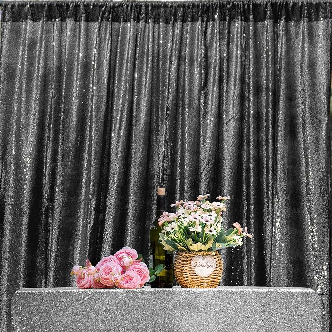 Black Sequin Curtains, 2 Panels (2FT x 8FT), Glitter Drapes, Sparkle for Wedding, Bridal, Birthday & Halloween