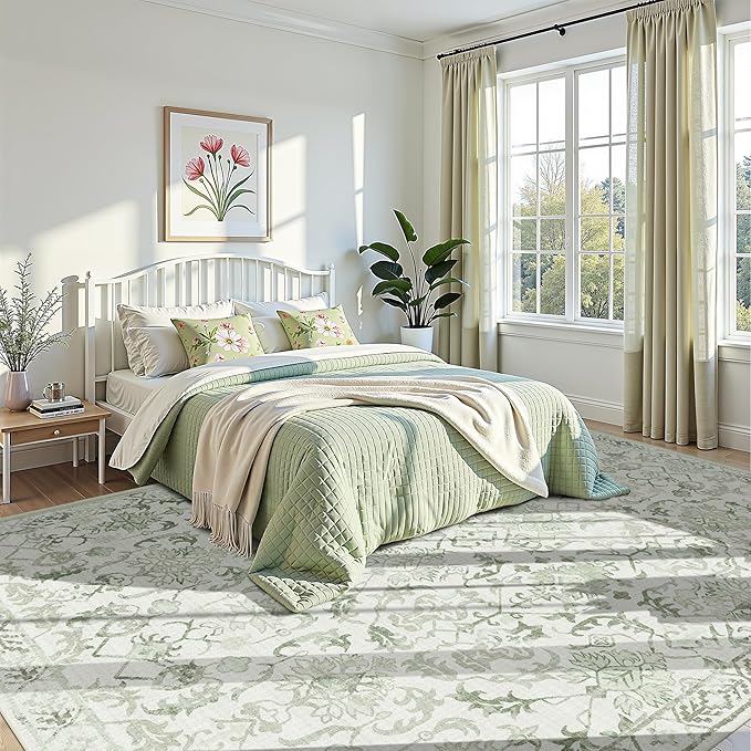 Sage Area Rugs 6x8 for Living Room, Washable Vintage Rugs for Bedroom, Distressed Throw Rug, Non Slip Floral Carpet Green Area Rug for Bedroom Dining Nursery