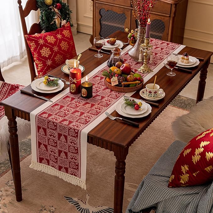 Table Runners 119 Inches,Christmas Tree Table Runner with Tassel Fringe,Gift Table Runner for Party，Coffee Table, Festival